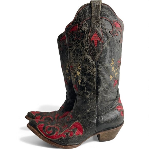 Corral Lizard Leather Western Cowgirl Black Red Boots Women's 9 - Picture 8 of 14